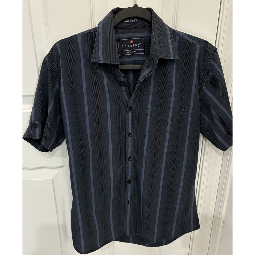NETPLAY Men’s M Slim Fit Short Sleeve Shirt Blue Vertical Stripe 100% Cotton